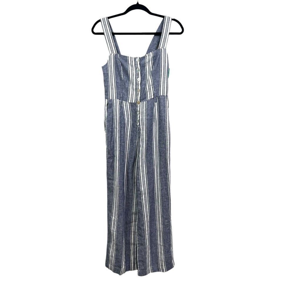 Rails Women Linen Blend Jumpsuit Harper Striped Smocked Pockets Blue‎ White XXS*